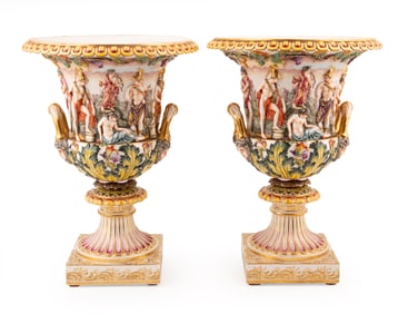 Pair of Capodimonte Porcelain Urns h. 19 1/4 in., dia. 13 1/2 in.