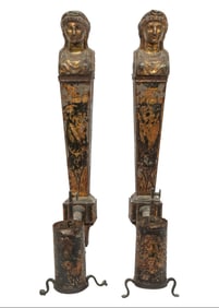 Pair of Empire Tole Peinte Figural "Lampes a Quinquet" h. 16 3/4 in., w. 2 1/2 in., d. 6 3/4 in.