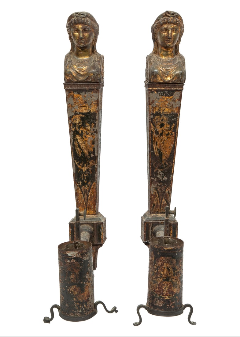 Pair of Empire Tole Peinte Figural "Lampes a Quinquet" h. 16 3/4 in., w. 2 1/2 in., d. 6 3/4 in.: Pair of Empire Tole Peinte Figural "Lampes a Quinquet", early 19th c., Diana bust, over tapered body, removable oil font, h. 16 3/4 in., w. 2 1/2 in., d. 6 3/4 in.h. 16 3/4 in., w. 2 1/2 in.