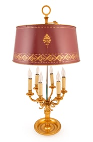 Empire-Style Gilt Bronze and Tole Six-Light Bouillotte Lamp h. 28 in., dia. 19 in.
