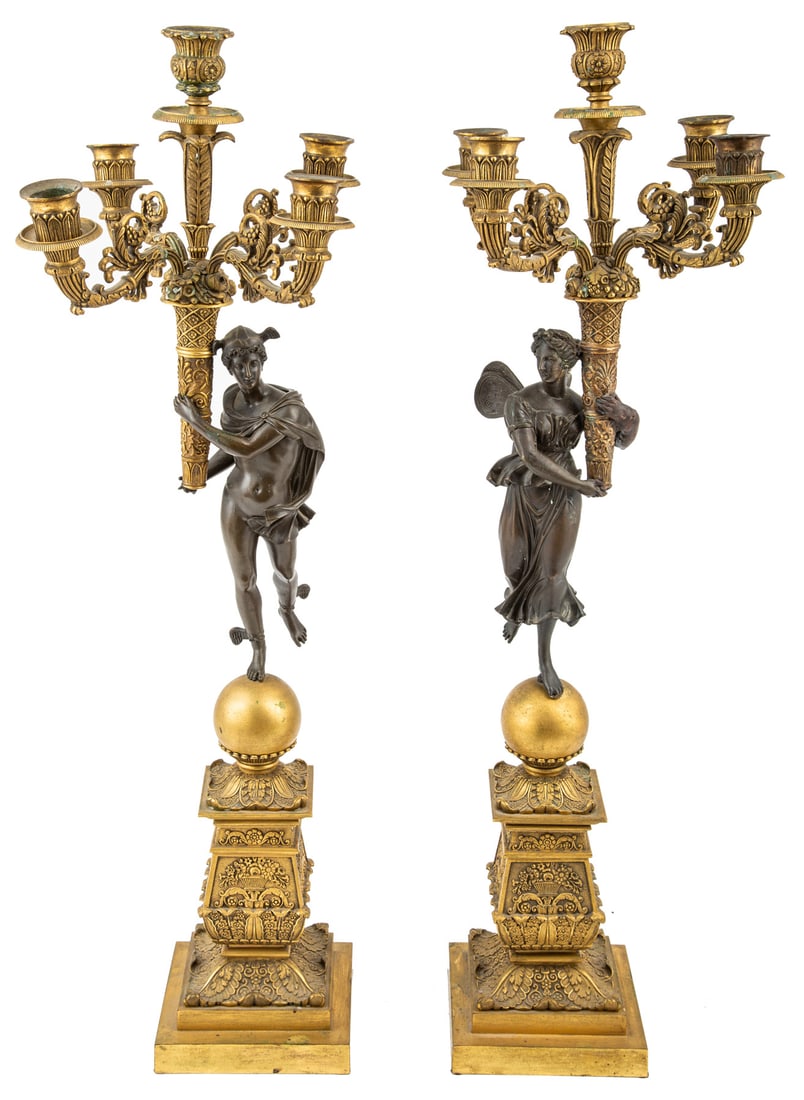 Pair of Empire Gilt and Patinated Bronze Five-Light Candelabra h. 26 in., dia. 8 in.: Pair of Empire Gilt and Patinated Bronze Five-Light Candelabra , foliate arms, the figures on finely cast tall pedestals, h. 26 in., dia. 8 in. h. 26 in., dia. 8 in.