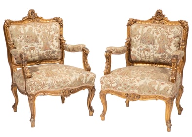 Pair of Régence-Style Carved Giltwood Fauteuil h. 36 in., w. 24 1/2 in., d. 21 in.