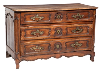 French Provincial Carved Walnut Serpentine Commode h. 33 1/2 in., w. 53 in., d. 28 in.