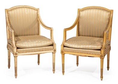 Pair of Louis XVI-Style Creme Peinte Fauteuils h. 38 in., w. 24 5/8 in., d. 22 in.
