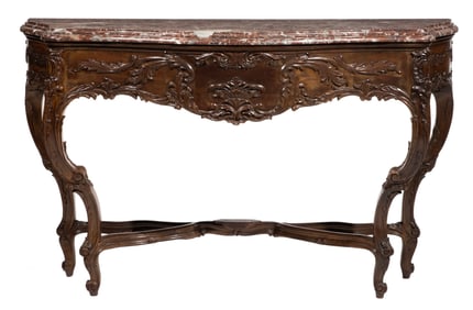 French Regence'-Style Carved Mahogany Console Table h. 38 1/2 in., w. 63 in., d. 21 1/2 in.