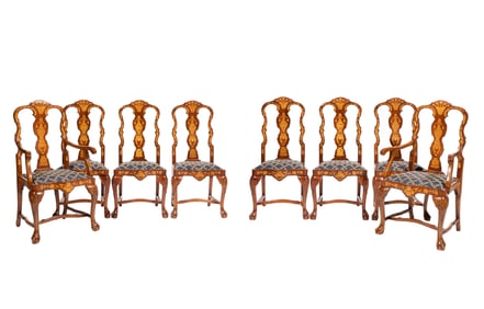 Set of Eight Dutch Rococo-Style Mahogany and Marquetry Dining Chairs