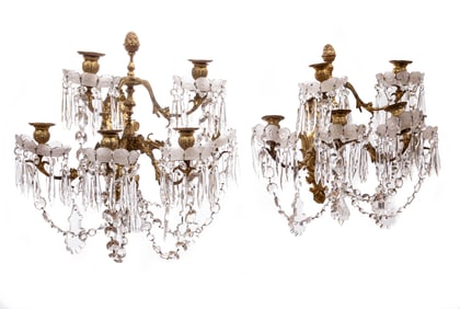Pair of American Gilt Bronze and Cut-Crystal Six Light Sconces h. 16 in., w. 20 in., d. 13 in.