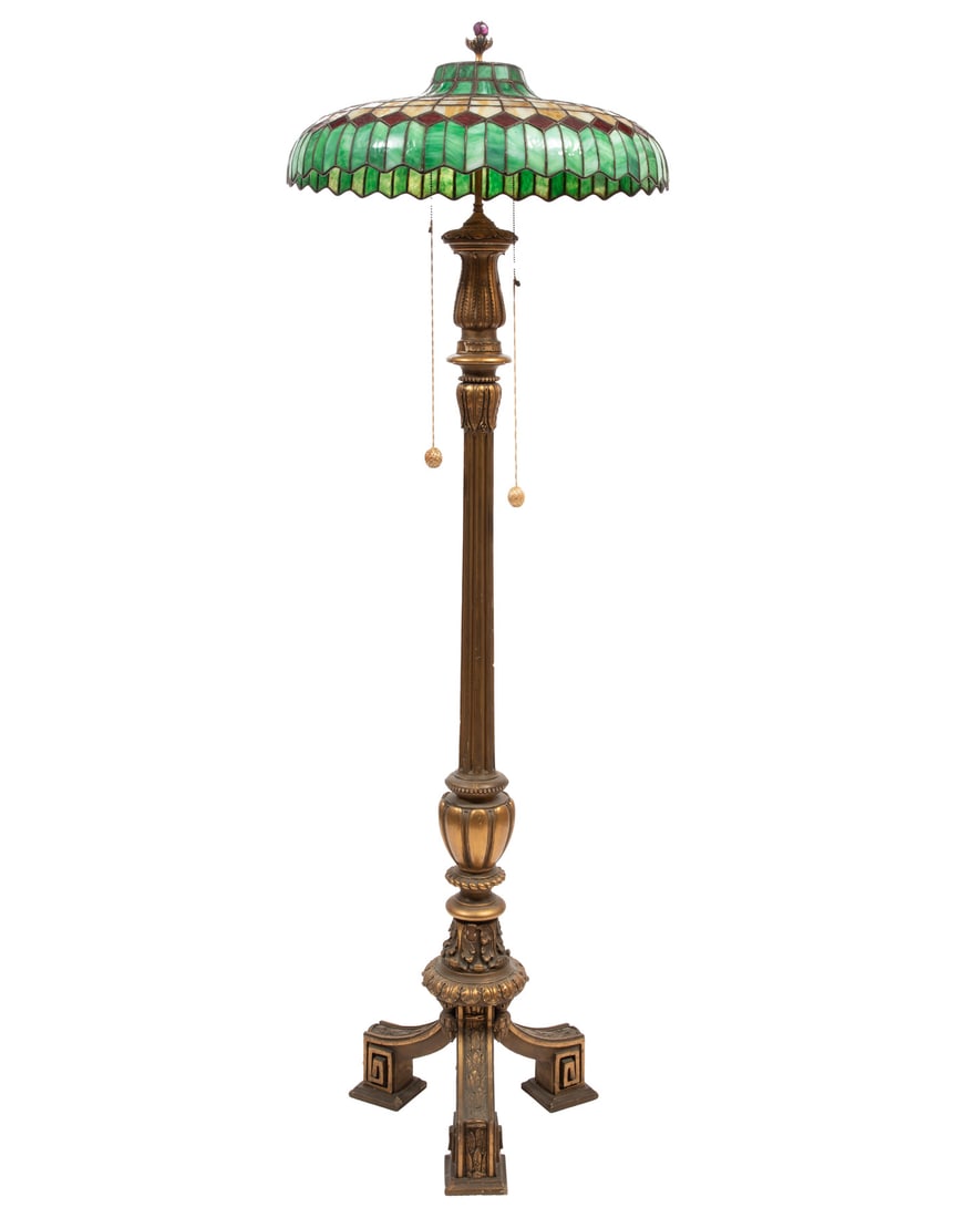 American Leaded Glass and Giltwood Floor Lamp h. 74 in., dia. 24 in.: American Leaded Glass and Giltwood Floor Lamp , early 20th c., fluted and leaf-carved base, Greek-key legs, h. 74 in., dia. 24 in. h. 74 in., dia. 24 in.