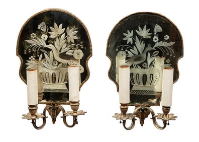 Pair of E.F. Caldwell Mirrored Two-Light Sconces h. 16 in, w, 10 in., d. 5 in.