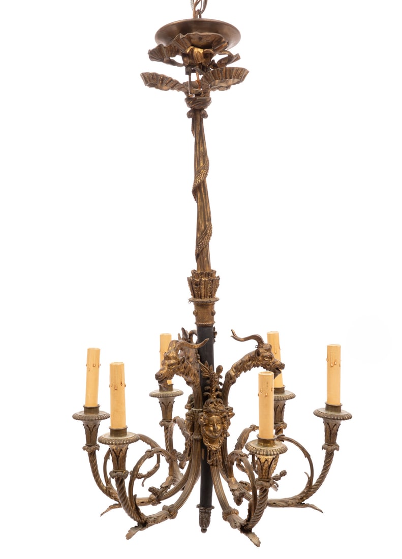 Antique Empire-Style Gilt and Patinated Bronze Six Light Chandelier h. 29 in., dia. 18 in.: Antique Empire-Style Gilt and Patinated Bronze Six Light Chandelier , torch-form standard, foliate arms, mounted with goat heads and female masks, h. 29 in., dia. 18 in. h. 29 in., dia. 18 in.