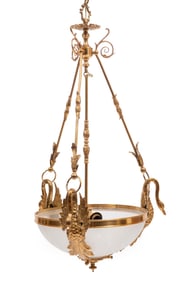 Empire-Style Brass and Engraved Glass Chandelier h. 42 in., dia. 21 in.
