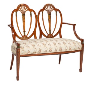 Edwardian Painted Satinwood Double Shield Back Settee h. 39 in., w. 42 in., d. 21 in.