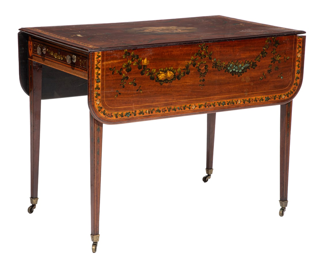 Adams-Style Inlaid Satinwood and Mahogany Paint Decorated Drop-Leaf Pembroke Table h. 27 3/4 in., w.: Adams-Style Inlaid Satinwood and Mahogany Paint Decorated Drop-Leaf Pembroke Table , 19th c., banded top with painted foliate swags center by putti, frieze drawer, tapered square legs, cup castors, h.