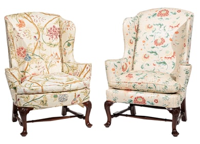 Two Queen Anne-Style Carved Walnut Wingchairs h. 46 1/2 in., w. 36 in., d. 23 in.