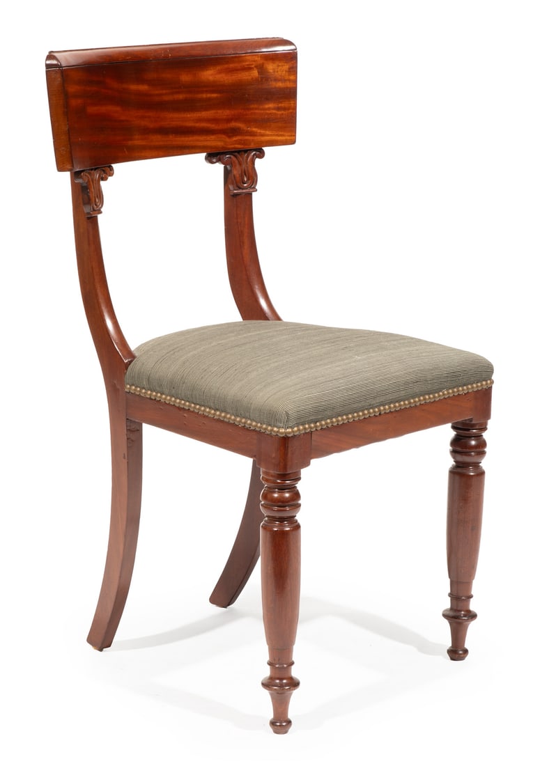 American Classical Carved Mahogany Side Chair h. 35 1/2 in., w. 18 in., d. 16 in.: American Classical Carved Mahogany Side Chair , early 19th, probably Joseph Barry, Philadelphia, tablet crest, nailhead upholstery, turned legs, h. 35 1/2 in., w. 18 in., d. 16 in. h. 35 1/2 in., w. 1