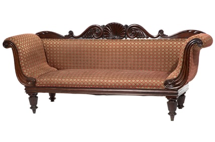 Regency Carved Mahogany Settee h. 38 1/2 in., w. 86 in., d. 25 in.