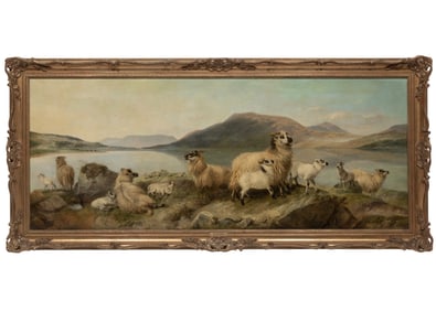 Richard Ansdell, British 1815-1885, The Pride of the Flock, oil on canvas, 27 in. x 66 in.