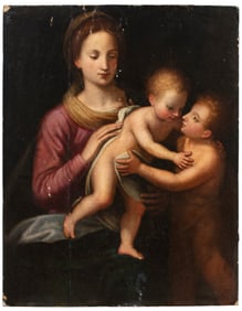 Continental School , 18th c., Madonna, Christ Child and Infant St. John the Baptist, oil on panel, 4