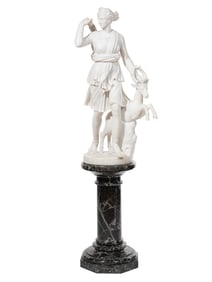 Carved Marble Figural Group of Diana of Versailles h. 46 1/2 in., w. 23 in., d. 22 in.