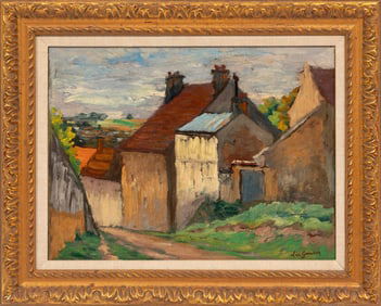 Leo Gausson, French 1860-1944, Village in the Countryside, oil on baord, 10 1/2 in. x 13 3/4 in.