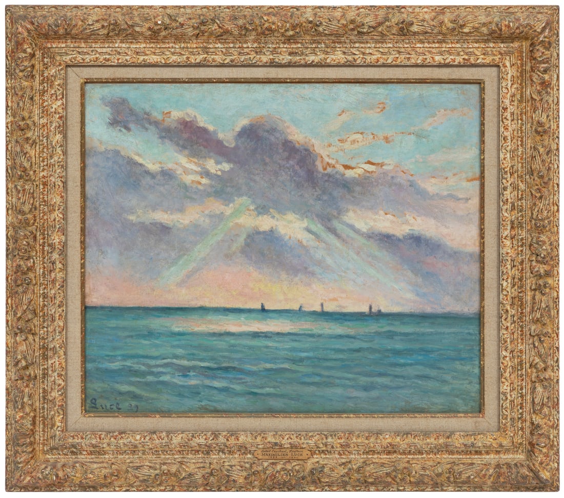 Maximilien Luce, French 1858-1941, Soleil Couchant, Honfleur, oil on canvas, 18 1/8 in. x 21 7/8 in.: Maximilien LuceFrench, 1858-1941Soleil Couchant, Honfleuroil on canvas1929, signed and dated lower left, handwritten title on stretcher, label with artist and title en verso, 18 1/8 in. x 21 7/8 in.,