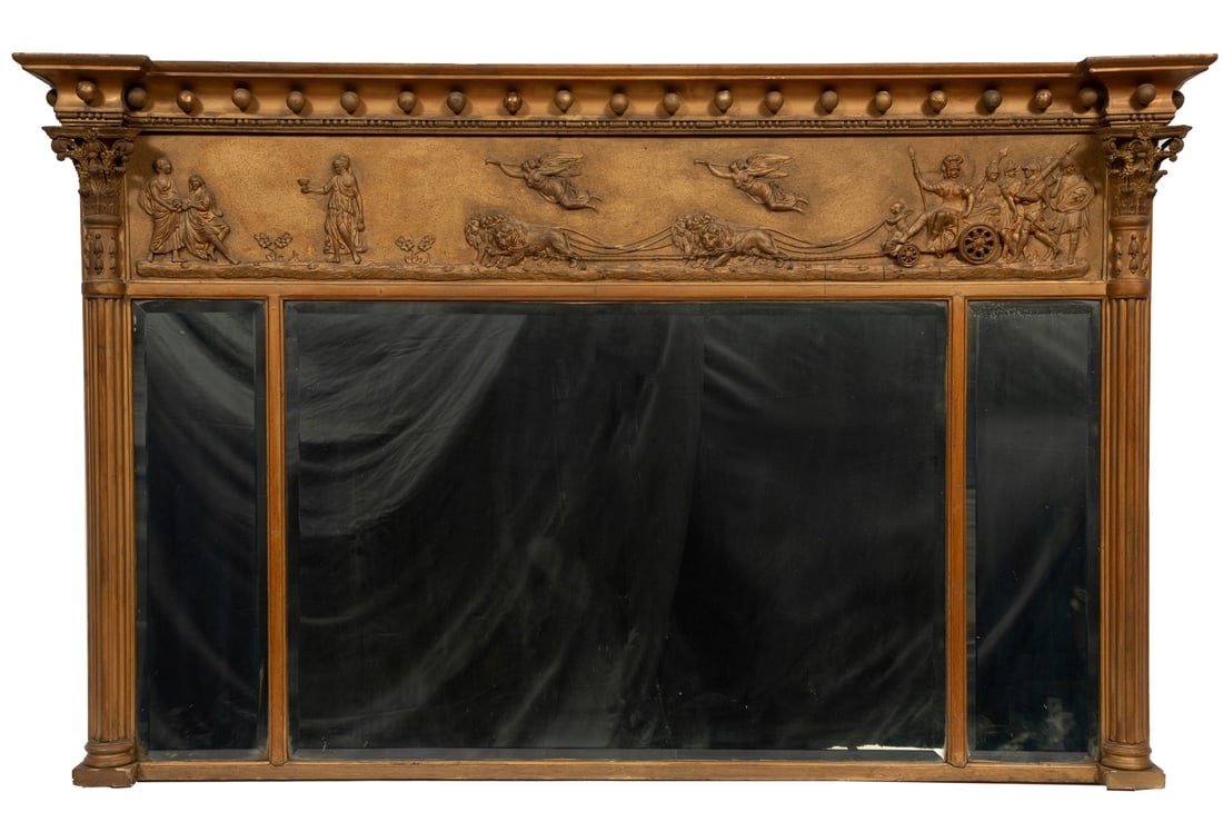 Antique French Giltwood Overmantel Mirror h. 40 1/2 in., w. 64 in., d. 4 in.: Antique French Giltwood Overmantel Mirror , spherule border, over Classical frieze, beveled mirror plates, h. 40 1/2 in., w. 64 in., d. 4 in. h. 40 1/2 in., w. 64 in., d. 4 in.