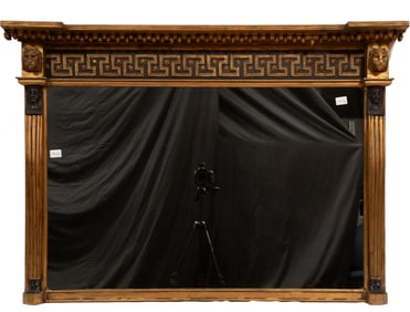 Regency Giltwood and Ebonized Overmantel Mirror h. 37 in., w. 54 in., d. 6 in.