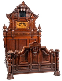 American Neo-Grec Walnut and Marquetry Bedstead h. 107 in., interior w. 60 in., l. 68 in.
