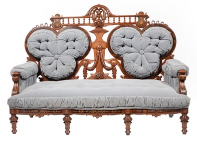 American Renaissance Gilt Incised Burl and Carved Walnut Parlor Suite sofa: h. 46 in., w. 65 in., d.