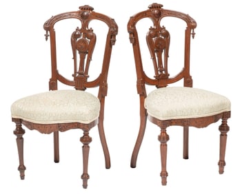 Pair of American Renaissance Carved Walnut Side Chairs h. 35 in., w. 17 in., d. 16 in.