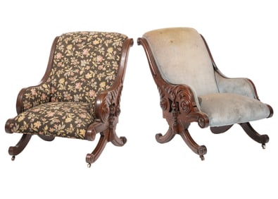 Pair of American Renaissance Carved and Burled Walnut Library Armchairs h. 33 in., w. 26 in., d. 38 