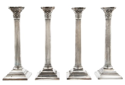 Set of Four Gorham Sterling Silver Corinthian Columnar Candlesticks h. 12 ¼ in.