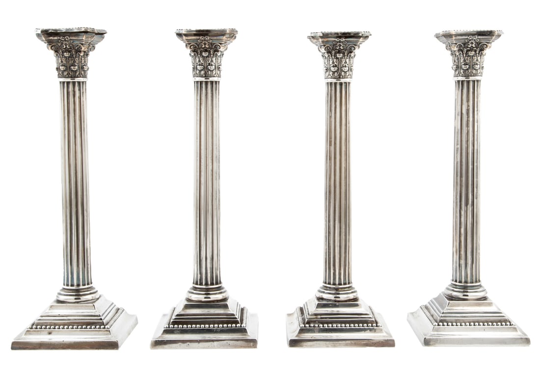 Set of Four Gorham Sterling Silver Corinthian Columnar Candlesticks h. 12 ¼ in.: Set of Four Gorham Sterling Silver Corinthian Columnar Candlesticks, No. A3208, ret. Harris & Shafer, Washington D.C., 1 with date mark for 1911, 3 with date marks for 1915, weighted bases, h. 12 
