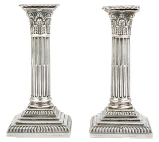 Pair of Edwardian Sterling Silver Corinthian Columnar Candlesticks h. 6 3/4 in.