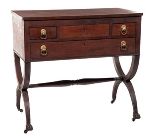 American Classical Carved Mahogany Curule Chamber Table h. 33 5/8 in., w. 36 1/2 in., d. 20 in.