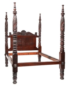American Classical Finely Carved Mahogany Four Poster Bed h. 92 in., w. 58 in., l. 81 1/2 in.