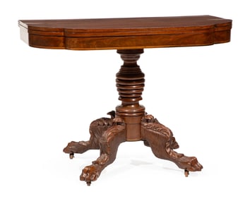 American Classical Inlaid Mahogany Games Table h. 29 1/2 in., w. 41 in., d. 20 in.