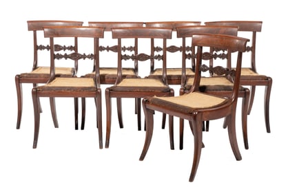 Set of Eight American Classical Inlaid Mahogany Dining Chairs h. 31 in., w. 18 1/2 in., d. 17 in.