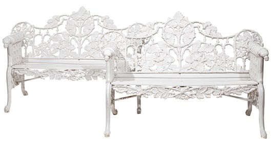 Pair of Coalbrookdale-Style Cast-Iron Garden Benches h. 37 1/2 in., w. 58 in., d. 27 in.