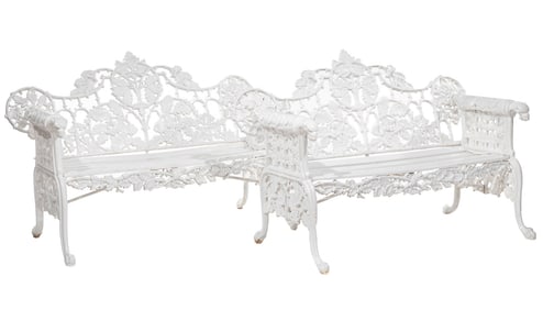 Pair of Coalbrookdale-Style Cast-Iron Garden Benches h. 37 1/2 in., w. 58 in., d. 27 in.