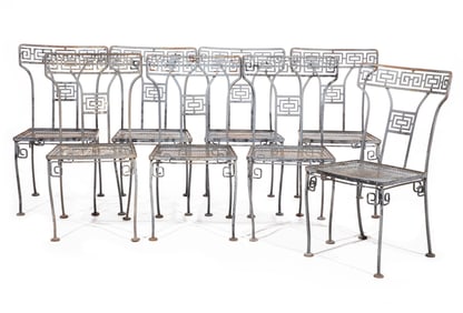Eight Classical-Style Metal Garden Chairs h. 33 in., w. 19 in., d. 16 1/2 in.