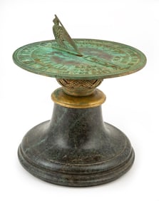 Decorative American Patinated Brass and Marble Garden Sundial h. 12 1/2 in., dia. 11 1/4 in.