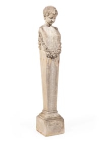 Antique Continental Cast-Stone Cherub Terminus Garden Statue h. 65 in., w. 11 in., d. 11 in.