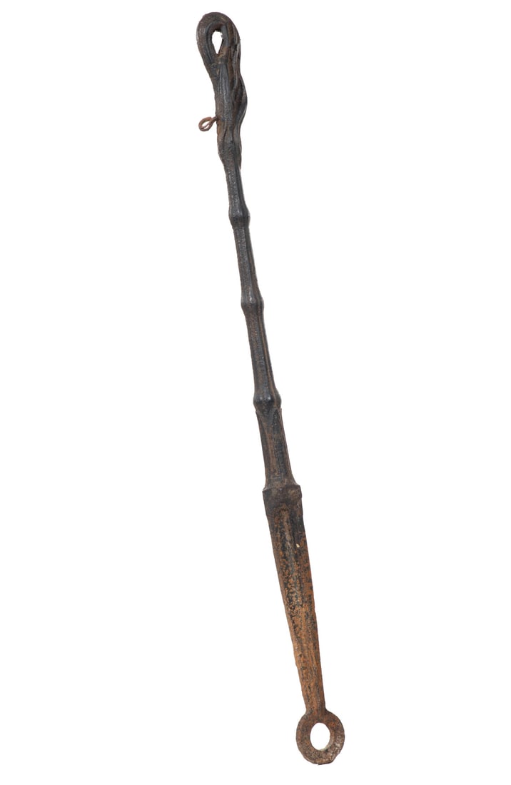 Antique American Cast-Iron Hitching Post total h. 62 1/2 in: Antique American Cast-Iron Hitching Post , organic form, retaining single ring, total h. 62 1/2 in., h. installed 40 in. total h. 62 1/2 in