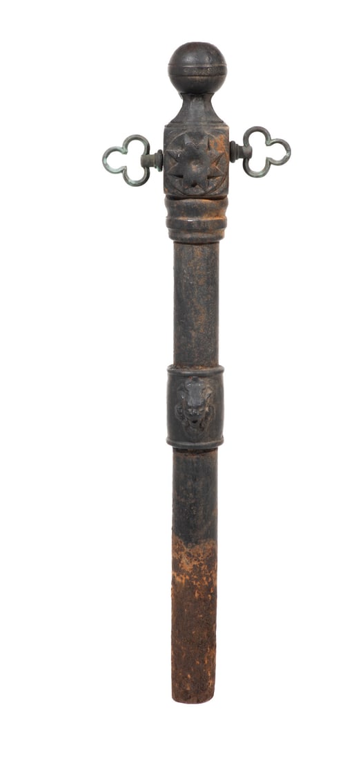 Antique American Cast-Iron Hitching Post h. 50 in.: Antique American Cast-Iron Hitching Post , trefoil brass, rings, the lower collar cast with lion masks, h. 50 in. h. 50 in.