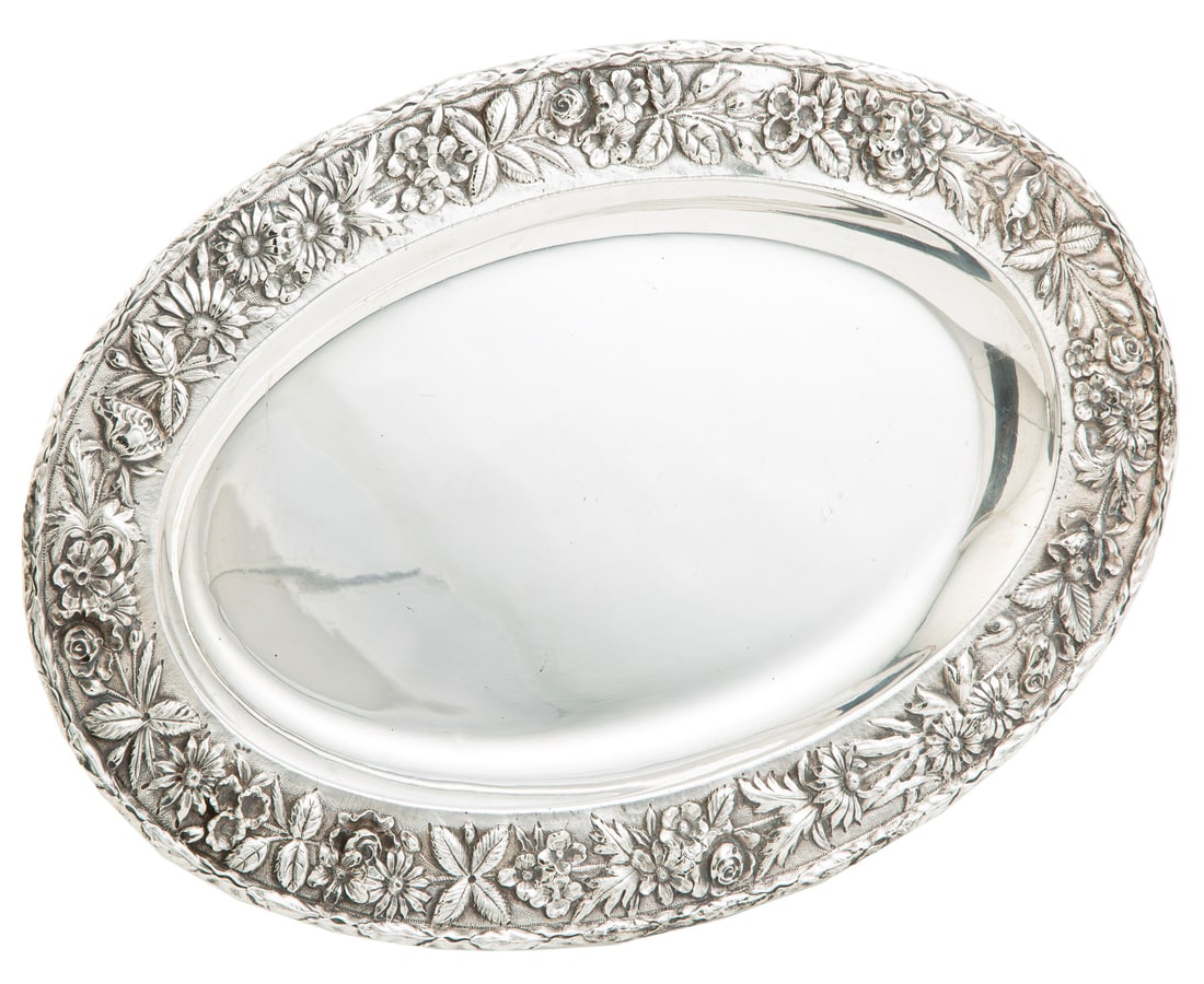Kirk Sterling Silver Repousse Oval Platter weight 31.15 troy ozs.: Kirk Sterling Silver Repousse Oval Platter , 1896-1924, marked "S. KIRK & SON CO/925/1000/2517", border of floral repousse on stippled ground, laurel leaf rim, 16 3/4 in. x 11 ½ in., we