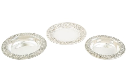 Two Kirk Sterling Silver Small Bowls and One Bread Plate total weight 12.70 troy ozs.