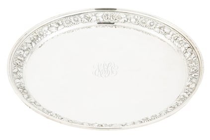 Steiff Sterling Silver Repousse Circular Tray weight 32.80 troy ozs.