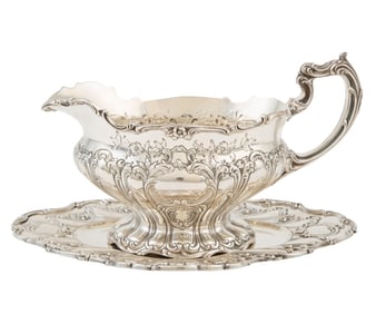 Gorham "Chantilly Grand" Sterling Silver Gravyboat and Underplate combined weight 18.95 troy ozs.