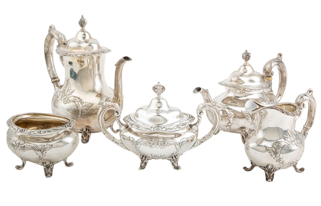 Reed & Barton "Burgundy" Pattern Sterling Silver Coffee and Tea Service total weight 116 troy ozs.: Reed & Barton "Burgundy" Pattern Sterling Silver Coffee and Tea Service, pattern no. 745, incl. coffee pot (h. 9 3/4 in.), teapot, covered sugar, creamer and waste bowl, no monograms, total